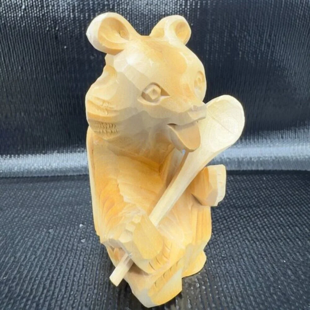 Russian‎ Folk Art Hand Carved Wooden Bear With Spoon Figurine Vintage Decor